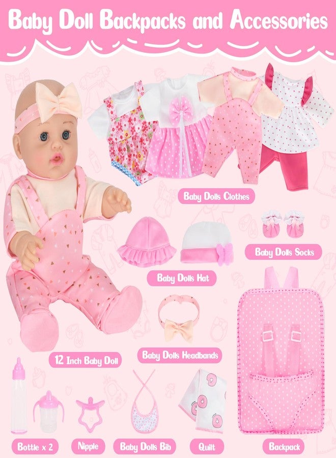 Mastom 12'' Baby Doll Playset with 4 Outfits Backpack, 12 Inch Realistic Baby Dolls with Clothes Backpack and 2 Bottles Bib Quilt Nipple Socks, Pretend Play Baby Doll Gift for Toddlers Girls Age 3+ - Image 2